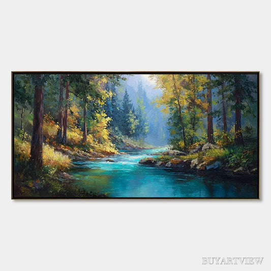 BUYARTVIEW Sunbeam Creek – Vivid Forest River Landscape Oil Painting - image 1