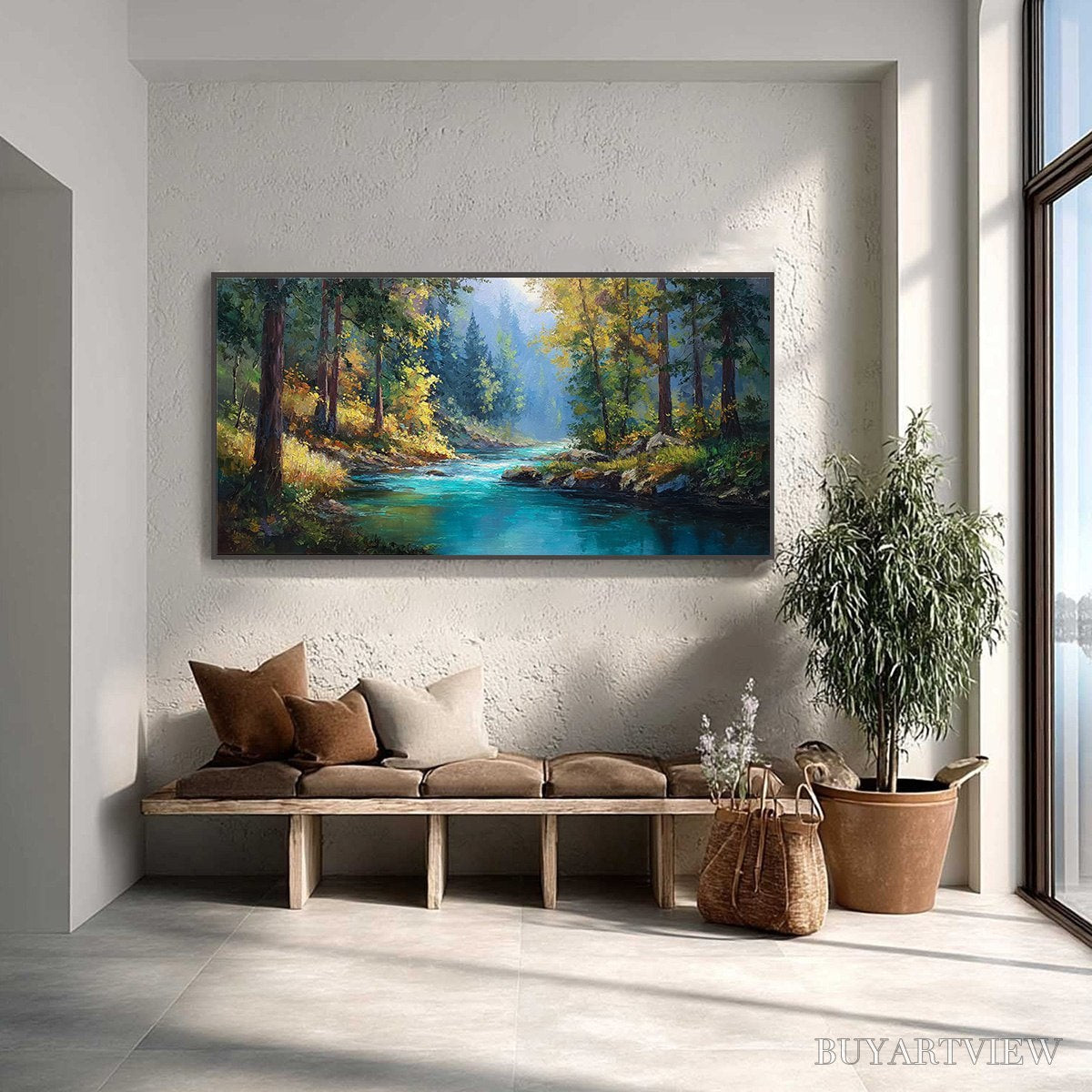 BUYARTVIEW Sunbeam Creek – Vivid Forest River Landscape Oil Painting - image 4