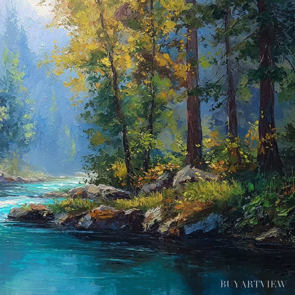 BUYARTVIEW Sunbeam Creek – Vivid Forest River Landscape Oil Painting - image 5