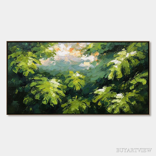 BUYARTVIEW Verdant Sanctuary – Textured Impasto Painting of Sun-Kissed Jungle Leaves - image 1