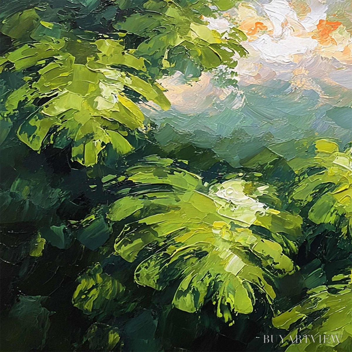 BUYARTVIEW Verdant Sanctuary – Textured Impasto Painting of Sun-Kissed Jungle Leaves - image 3