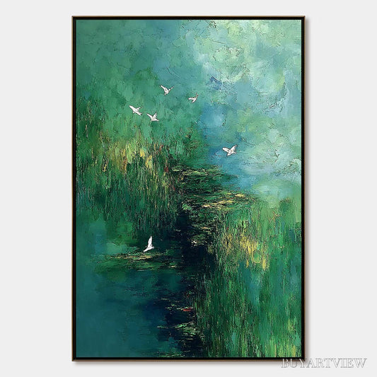 BUYARTVIEW Verdant Sanctuary – Abstract Green Forest Landscape with Flying Birds - image 1