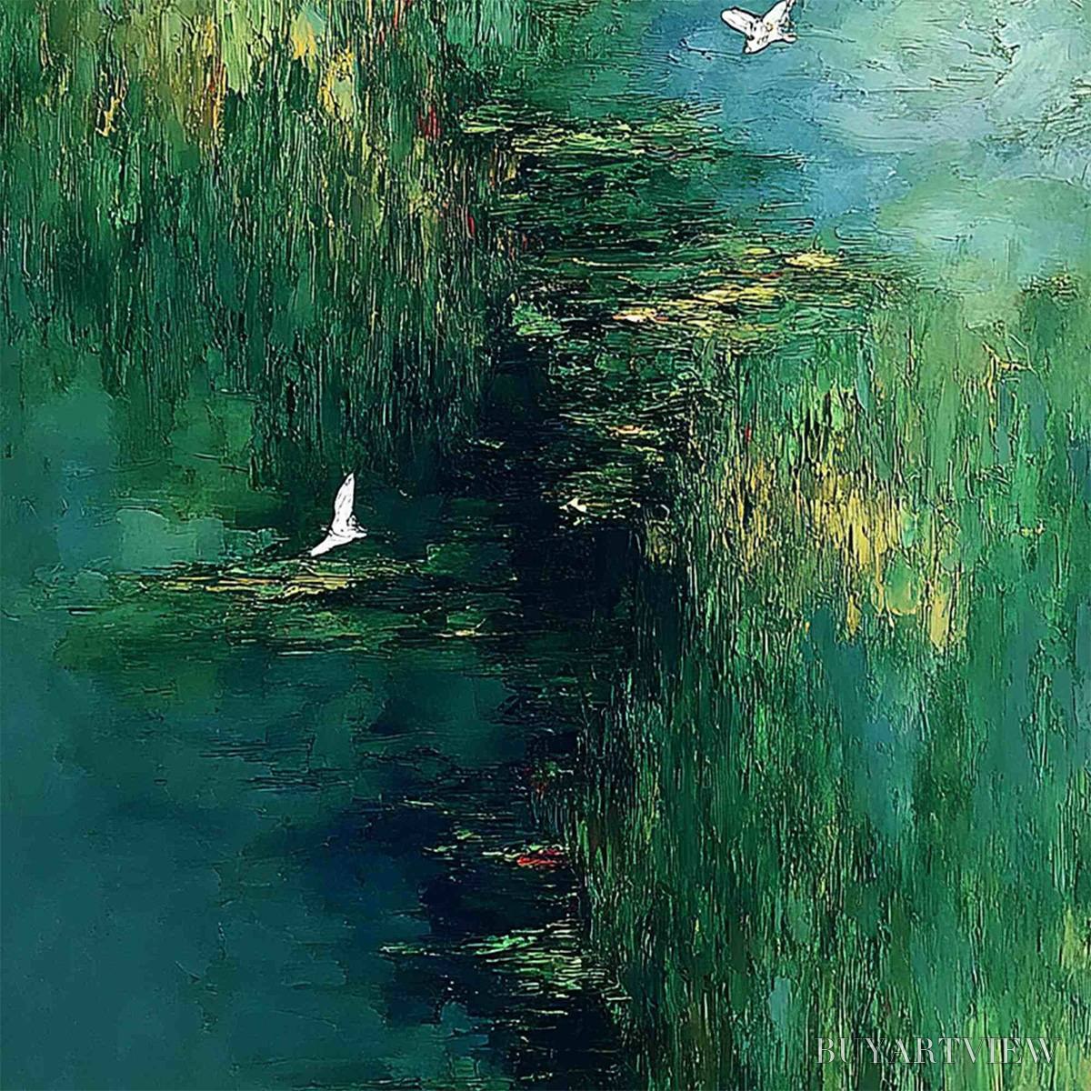 BUYARTVIEW Verdant Sanctuary – Abstract Green Forest Landscape with Flying Birds - image 3