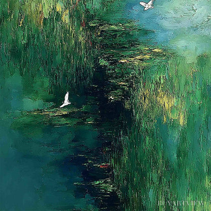 BUYARTVIEW Verdant Sanctuary – Abstract Green Forest Landscape with Flying Birds - image 3