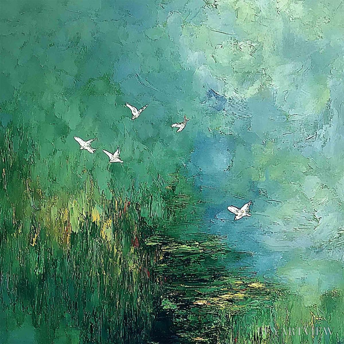 BUYARTVIEW Verdant Sanctuary – Abstract Green Forest Landscape with Flying Birds - image 5