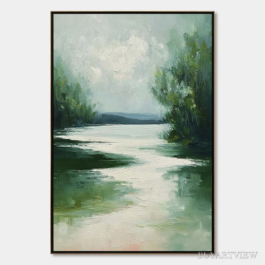 BUYARTVIEW Verdant Reflections – Textured Vertical Green Landscape Painting - image 1