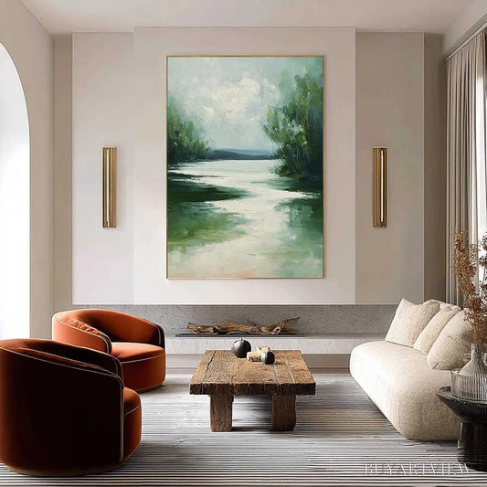 BUYARTVIEW Verdant Reflections – Textured Vertical Green Landscape Painting - image 2
