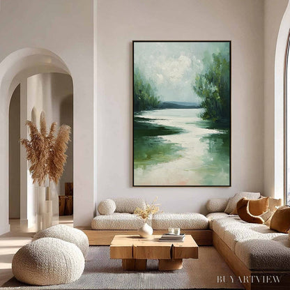 BUYARTVIEW Verdant Reflections – Textured Vertical Green Landscape Painting - image 4