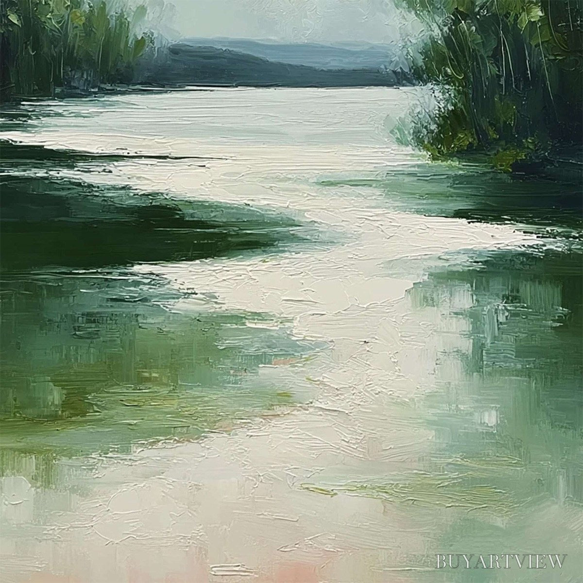 BUYARTVIEW Verdant Reflections – Textured Vertical Green Landscape Painting - image 5