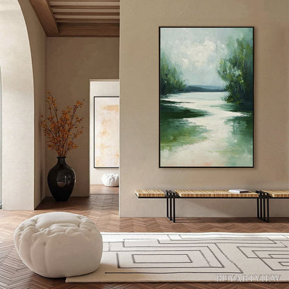 BUYARTVIEW Verdant Reflections – Textured Vertical Green Landscape Painting - image 6