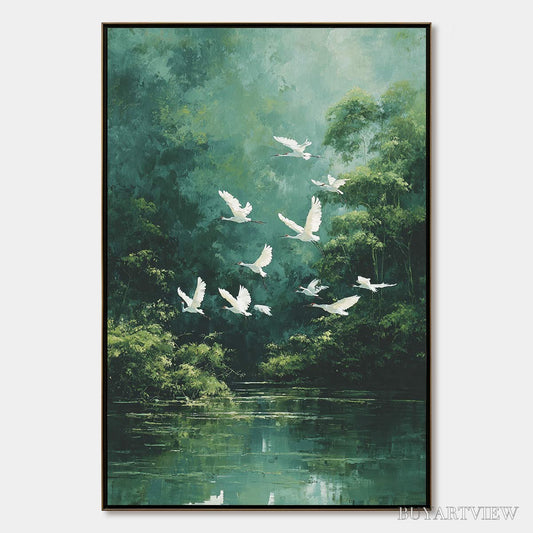 BUYARTVIEW Green Haven – Serene Forest Landscape with Flying Egrets Painting - image 1