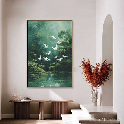 BUYARTVIEW Green Haven – Serene Forest Landscape with Flying Egrets Painting - image 2
