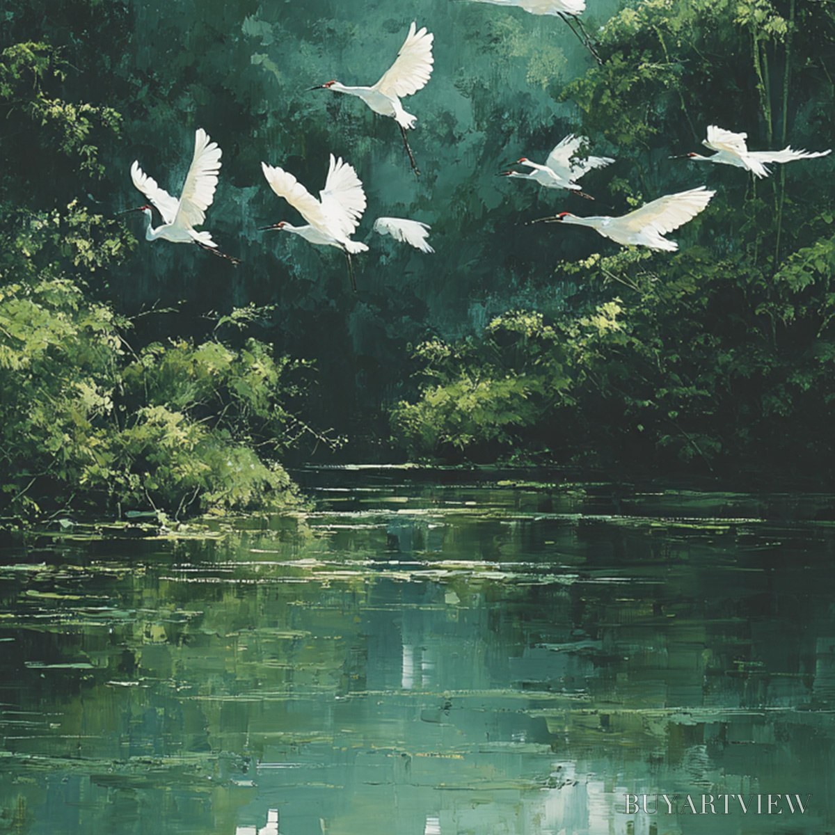 BUYARTVIEW Green Haven – Serene Forest Landscape with Flying Egrets Painting - image 3