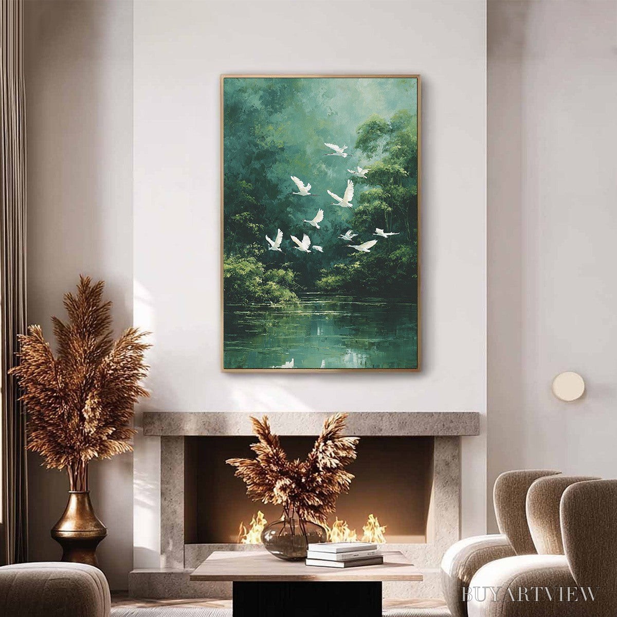 BUYARTVIEW Green Haven – Serene Forest Landscape with Flying Egrets Painting - image 4