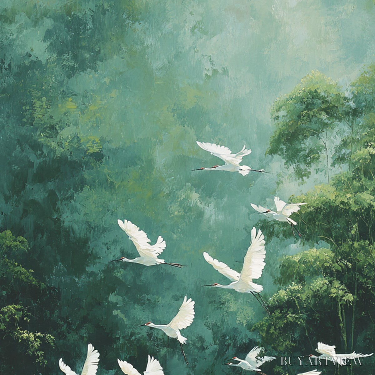 BUYARTVIEW Green Haven – Serene Forest Landscape with Flying Egrets Painting - image 5
