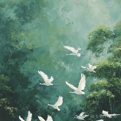 BUYARTVIEW Green Haven – Serene Forest Landscape with Flying Egrets Painting - image 5
