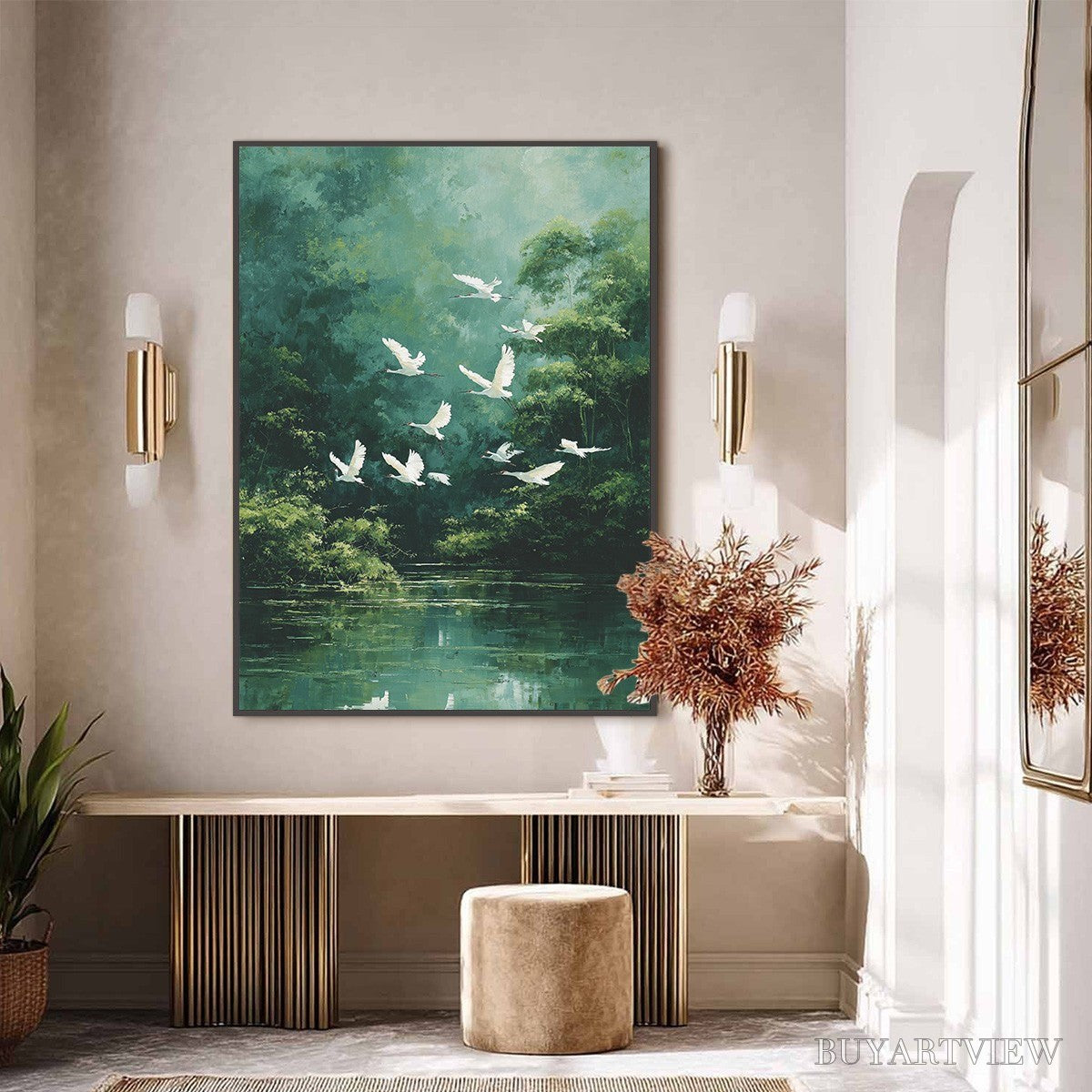 BUYARTVIEW Green Haven – Serene Forest Landscape with Flying Egrets Painting - image 6