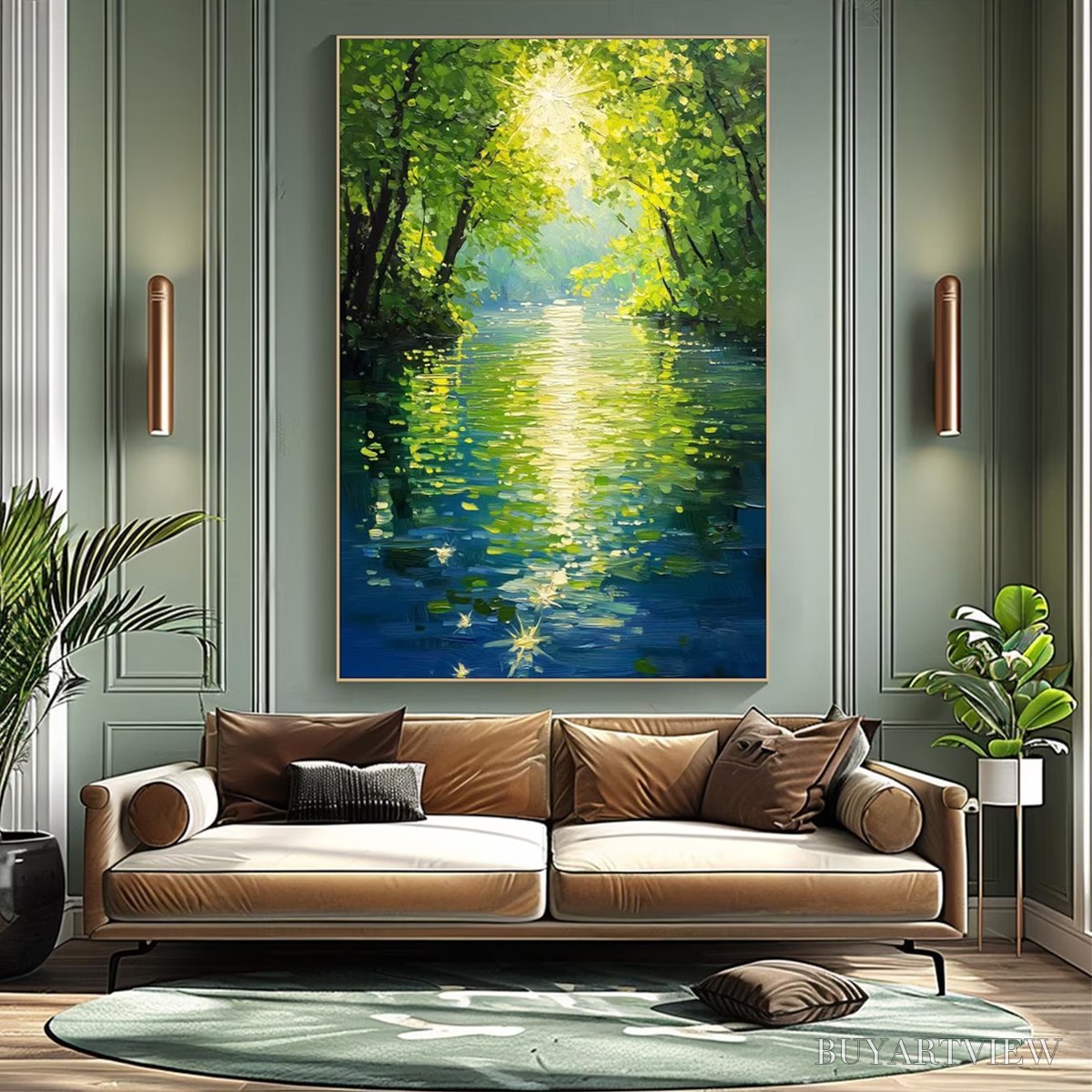 BUYARTVIEW Emerald Glow – Impressionist Forest River Landscape Painting - image 4