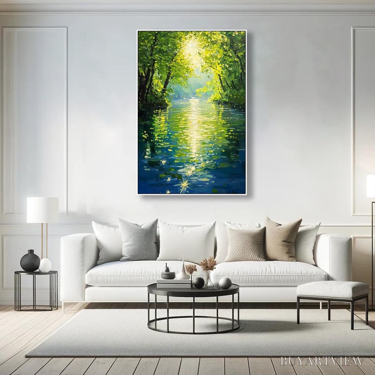 BUYARTVIEW Emerald Glow – Impressionist Forest River Landscape Painting - image 5