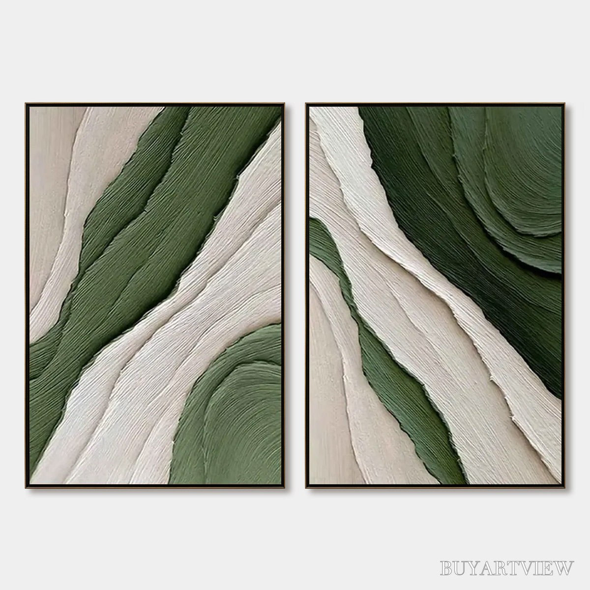 BUYARTVIEW Verdant Flow – Textured Abstract Green and White Diptych Painting - image 1