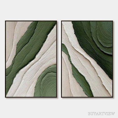 BUYARTVIEW Verdant Flow – Textured Abstract Green and White Diptych Painting - image 1