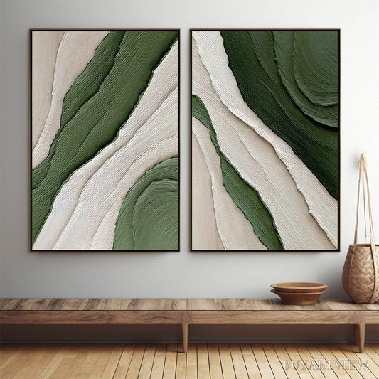 BUYARTVIEW Verdant Flow – Textured Abstract Green and White Diptych Painting - image 2