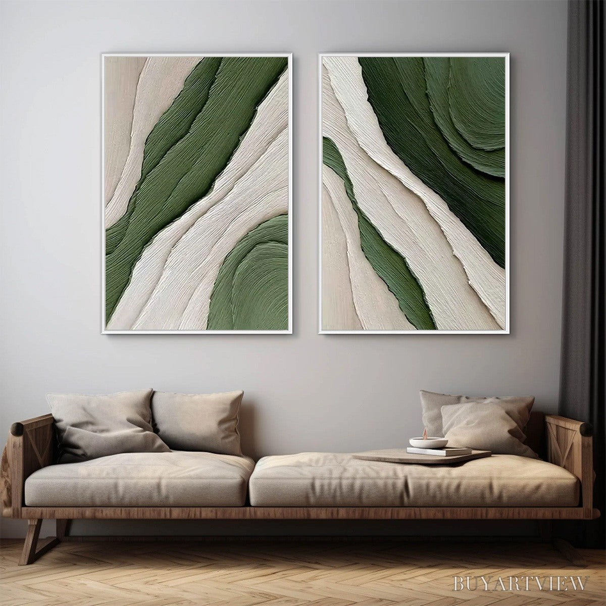 BUYARTVIEW Verdant Flow – Textured Abstract Green and White Diptych Painting - image 4