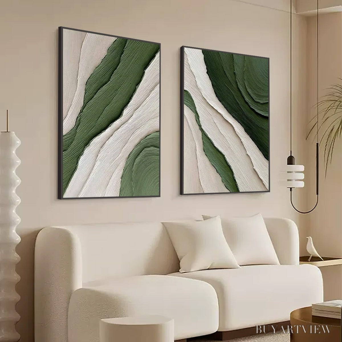 BUYARTVIEW Verdant Flow – Textured Abstract Green and White Diptych Painting - image 5