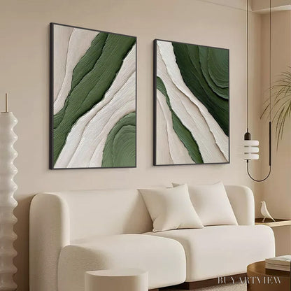 BUYARTVIEW Verdant Flow – Textured Abstract Green and White Diptych Painting - image 5