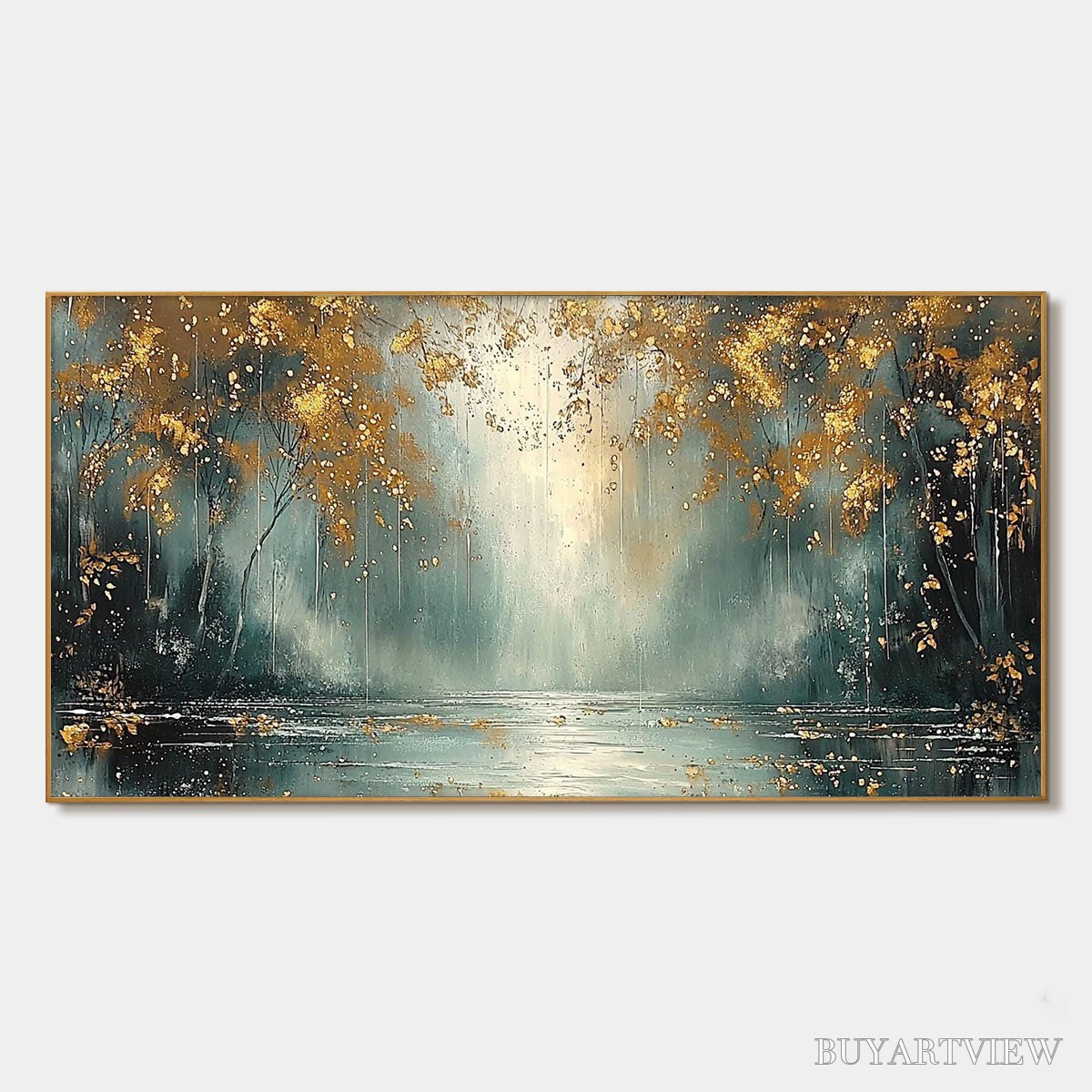 BUYARTVIEW Golden Whispers – Textured Forest Landscape Oil Painting with Gold Accents - image 1