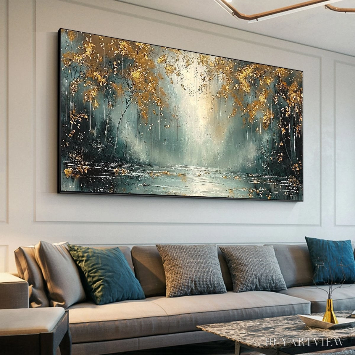 BUYARTVIEW Golden Whispers – Textured Forest Landscape Oil Painting with Gold Accents - image 4