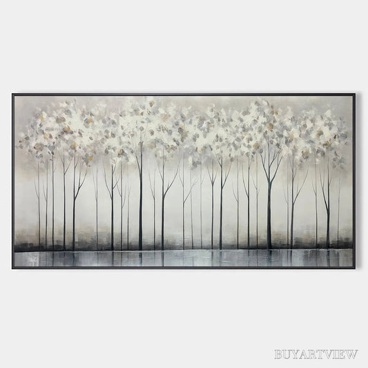 BUYARTVIEW Silver Birch Mist – Forest Landscape Painting in Grey and White - image 1