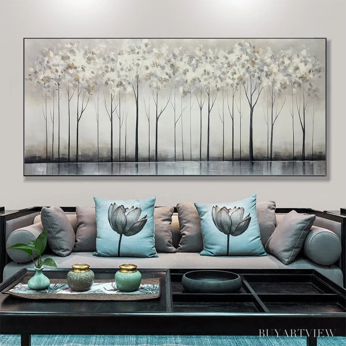 BUYARTVIEW Silver Birch Mist – Forest Landscape Painting in Grey and White - image 2