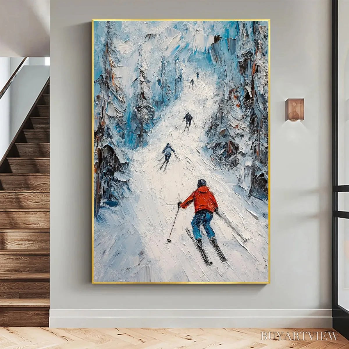 BUYARTVIEW First Run – Textured Impasto Skiing Painting on Vertical Canvas - image 2