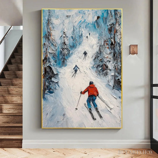 BUYARTVIEW First Run – Textured Impasto Skiing Painting on Vertical Canvas - image 2