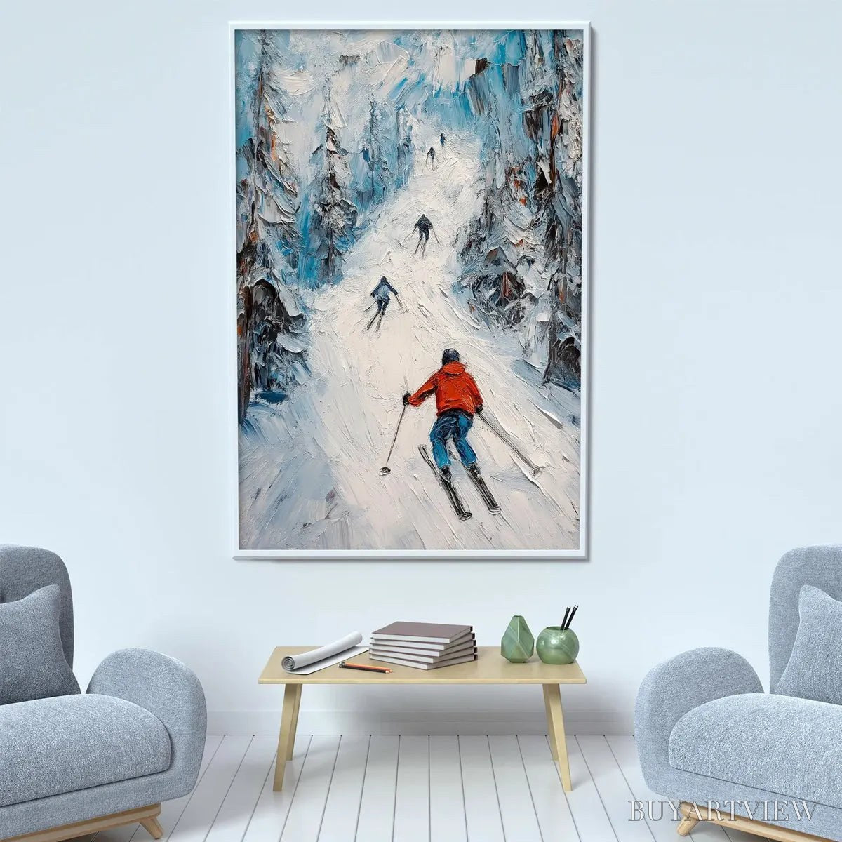 BUYARTVIEW First Run – Textured Impasto Skiing Painting on Vertical Canvas - image 5