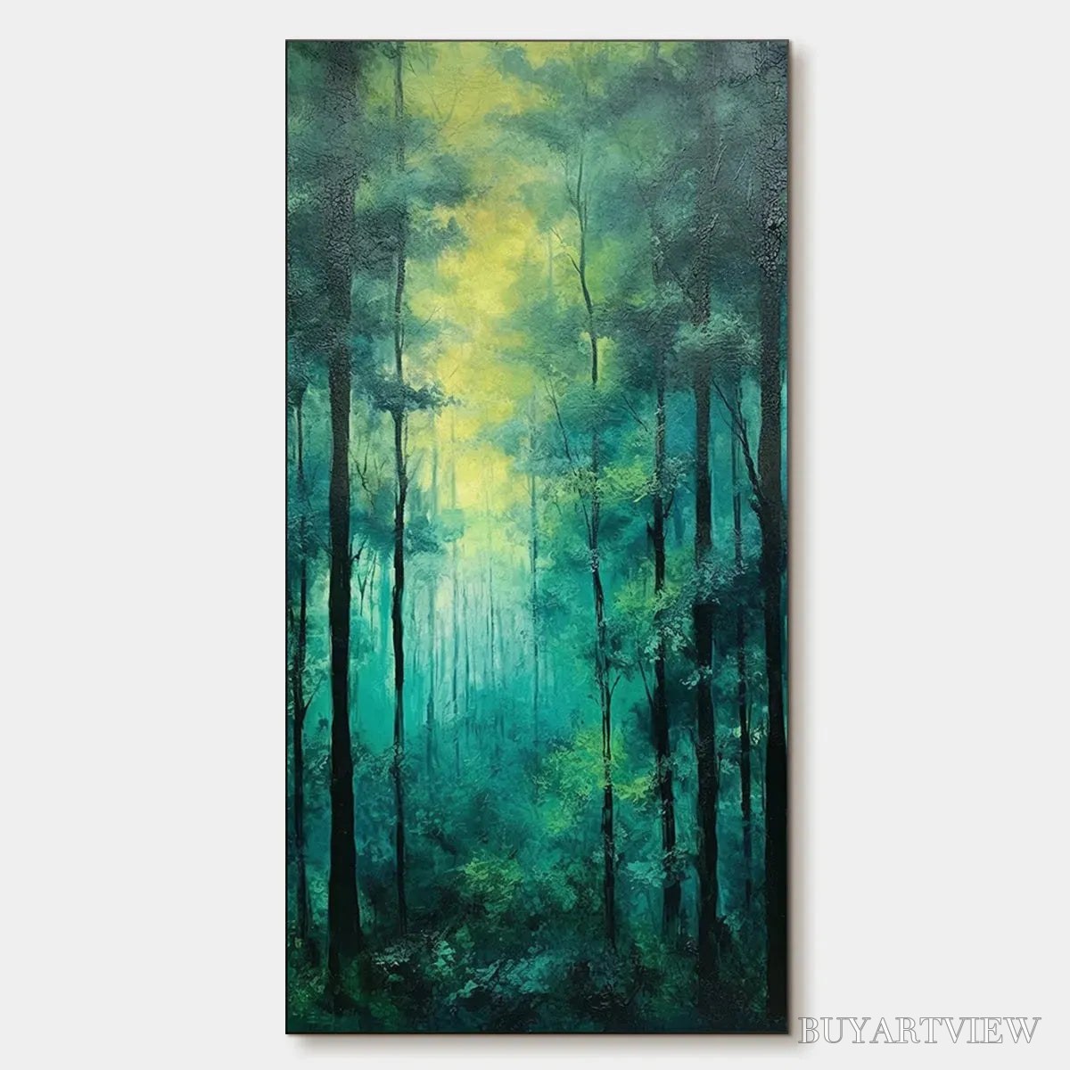 BUYARTVIEW Emerald Forest Path – Vertical Forest Painting, Green Woodland Scene, Nature , Living Room - image 1