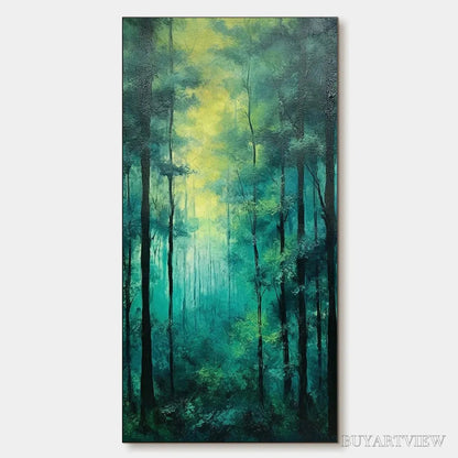 BUYARTVIEW Emerald Forest Path – Vertical Forest Painting, Green Woodland Scene, Nature , Living Room - image 1