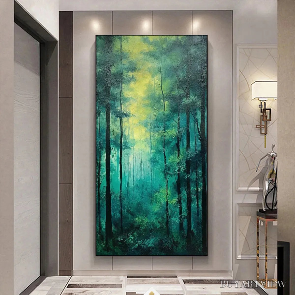 BUYARTVIEW Emerald Forest Path – Vertical Forest Painting, Green Woodland Scene, Nature , Living Room - image 5