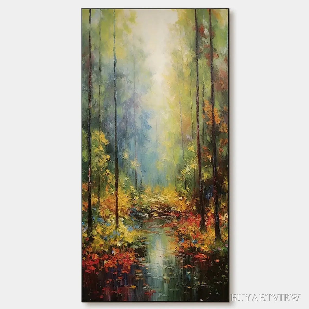 BUYARTVIEW Autumn Woodland Stream – Vertical Landscape Oil Painting, Forest Scene with Stream, Fall Colors, Nature - image 1