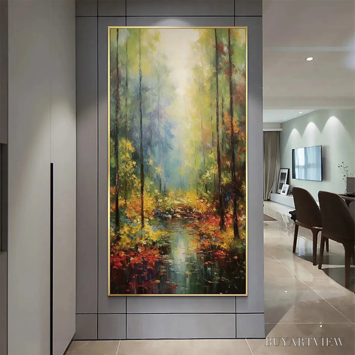 BUYARTVIEW Autumn Woodland Stream – Vertical Landscape Oil Painting, Forest Scene with Stream, Fall Colors, Nature - image 2