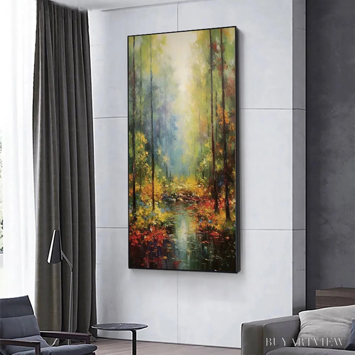 BUYARTVIEW Autumn Woodland Stream – Vertical Landscape Oil Painting, Forest Scene with Stream, Fall Colors, Nature - image 4