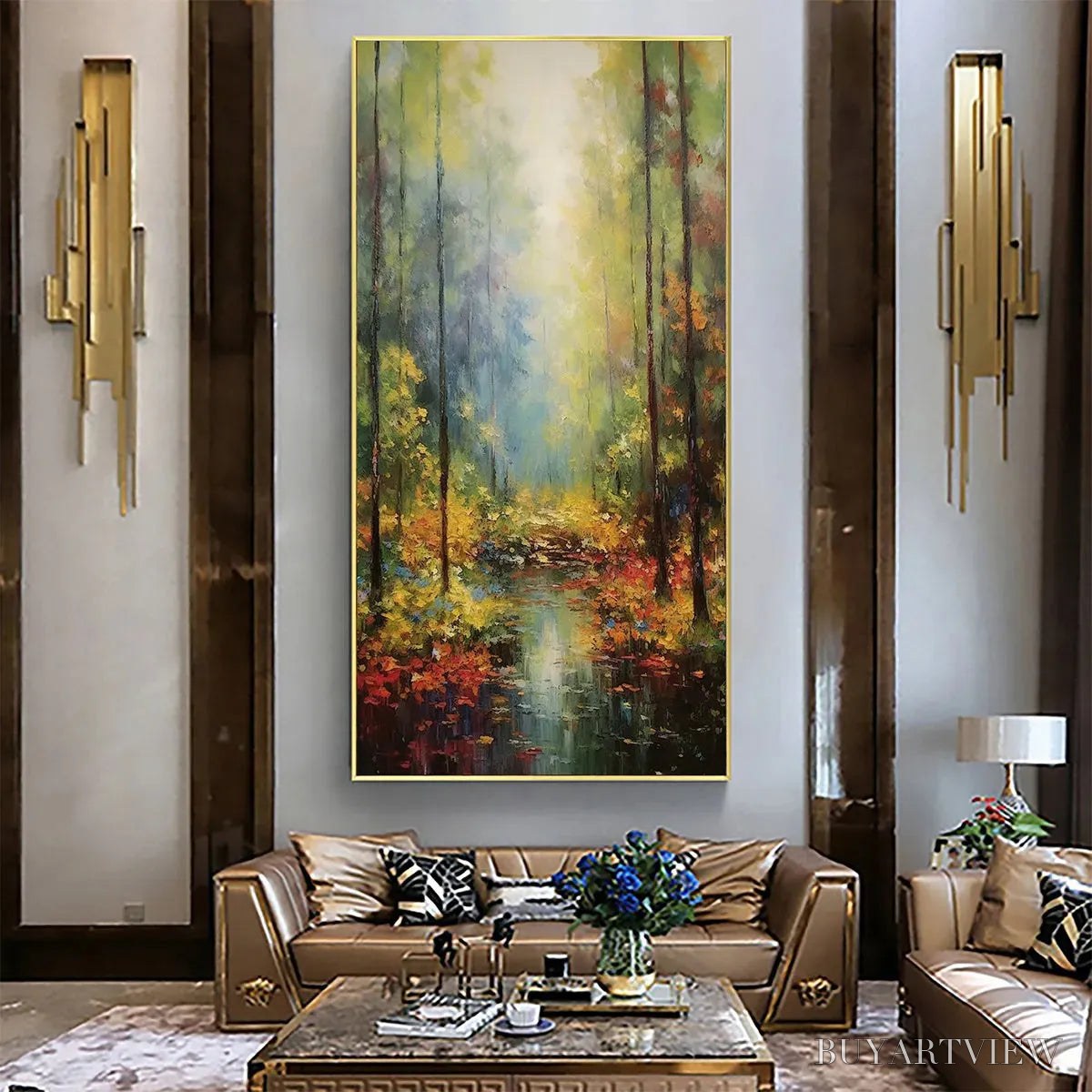 BUYARTVIEW Autumn Woodland Stream – Vertical Landscape Oil Painting, Forest Scene with Stream, Fall Colors, Nature - image 5