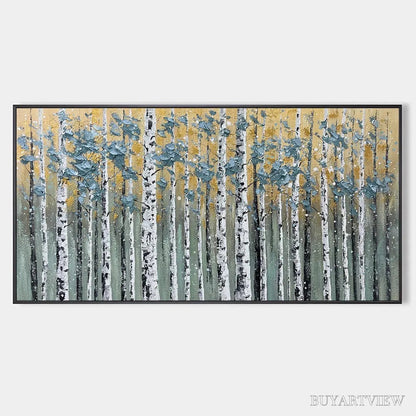 BUYARTVIEW Golden Birch Grove – Textured Birch Tree Painting, Gold and Green , Horizontal Canvas, Forest Decor - image 1