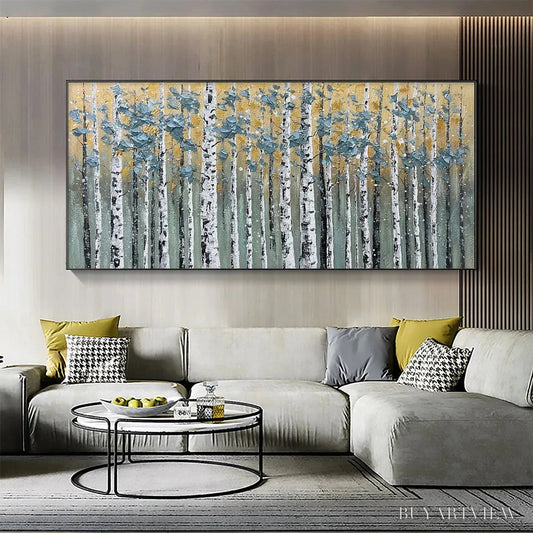 BUYARTVIEW Golden Birch Grove – Textured Birch Tree Painting, Gold and Green , Horizontal Canvas, Forest Decor - image 2