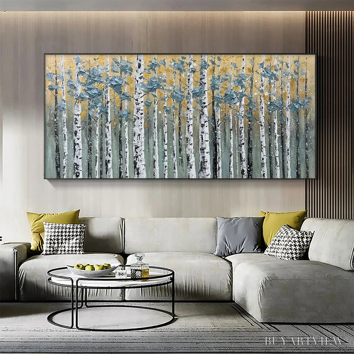 BUYARTVIEW Golden Birch Grove – Textured Birch Tree Painting, Gold and Green , Horizontal Canvas, Forest Decor - image 2