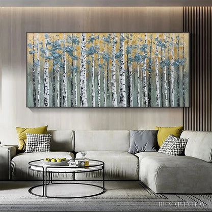 BUYARTVIEW Golden Birch Grove – Textured Birch Tree Painting, Gold and Green , Horizontal Canvas, Forest Decor - image 2