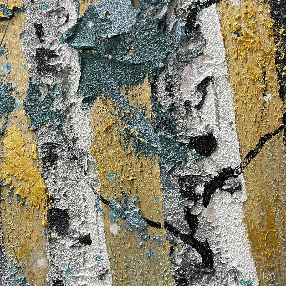 BUYARTVIEW Golden Birch Grove – Textured Birch Tree Painting, Gold and Green , Horizontal Canvas, Forest Decor - image 3