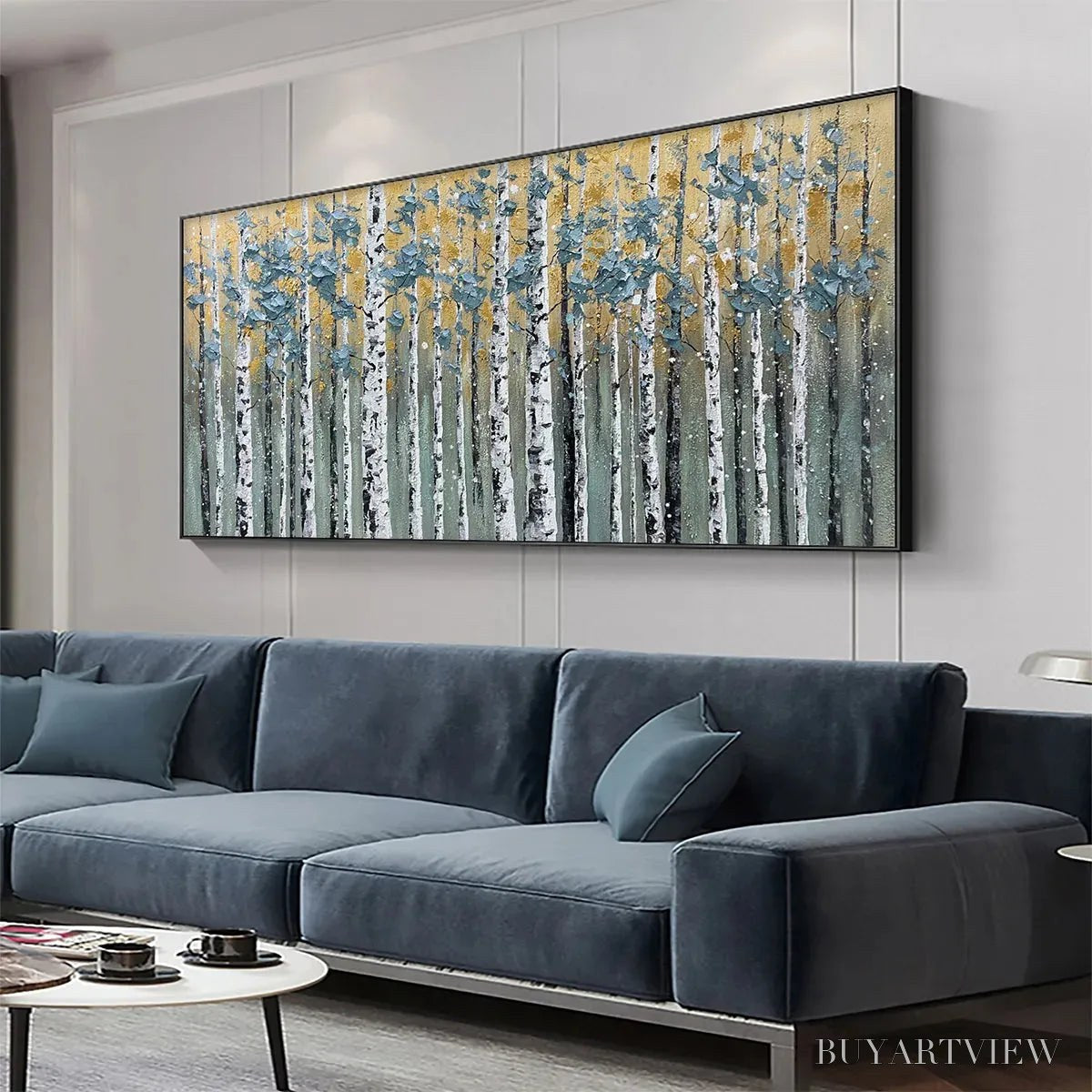 BUYARTVIEW Golden Birch Grove – Textured Birch Tree Painting, Gold and Green , Horizontal Canvas, Forest Decor - image 4