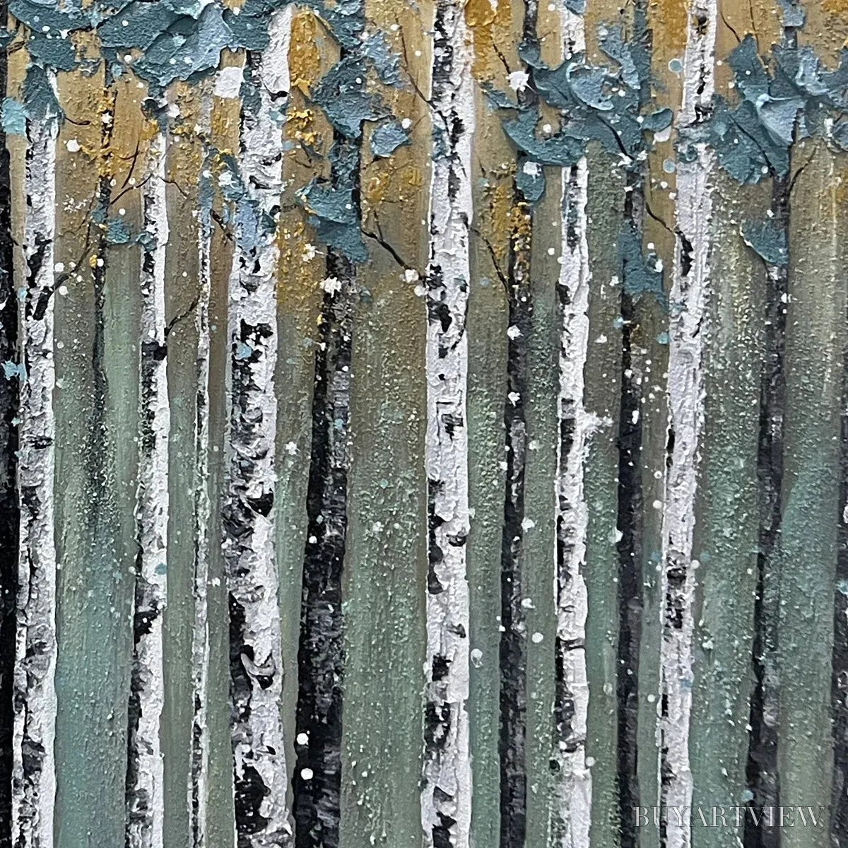 BUYARTVIEW Golden Birch Grove – Textured Birch Tree Painting, Gold and Green , Horizontal Canvas, Forest Decor - image 5
